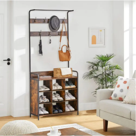 Coat Rack, Hall Tree With Shoe Rack For Entryway, 3-in-1 Entryway Coat Rack And Storage Rack, With 7 Hooks, A Hanging Rod (Option: Antique Natural)